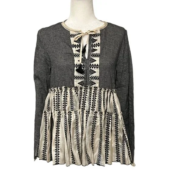 NWT Lemlem Women's Top Grey Ivory Long Sleeve Size Medium Blouse Silk - Picture 1 of 7